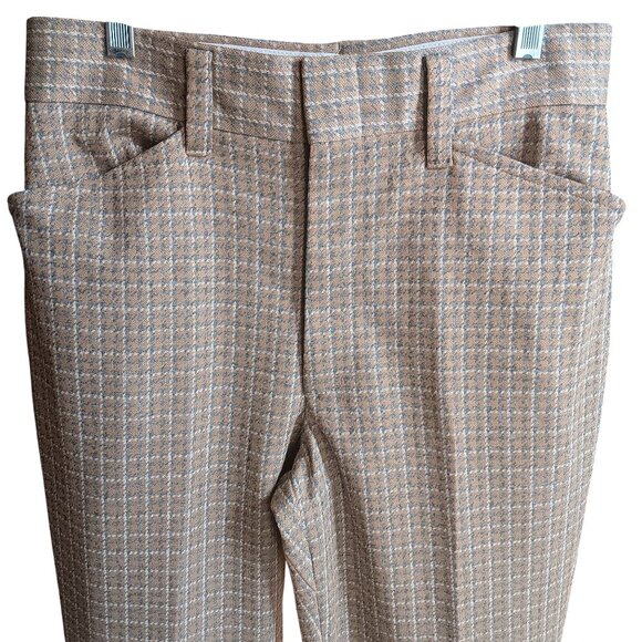29x31 Vintage Farah Houndstooth Pants Disco Plaid Tan/Blue 70's Polyester Flare - Picture 1 of 6